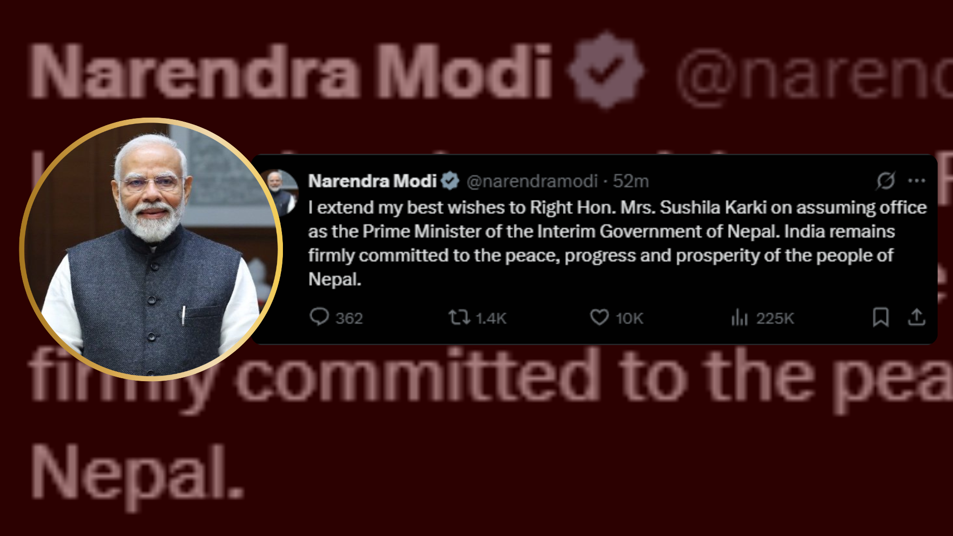 नेपालको समृद्धिमा भारत प्रतिवद्ध रहेको लेख्दै भारतीय प्रधानमन्त्री मोदीले दिए नवनियुक्त प्रधानमन्त्री कार्कीलार्ई बधाई